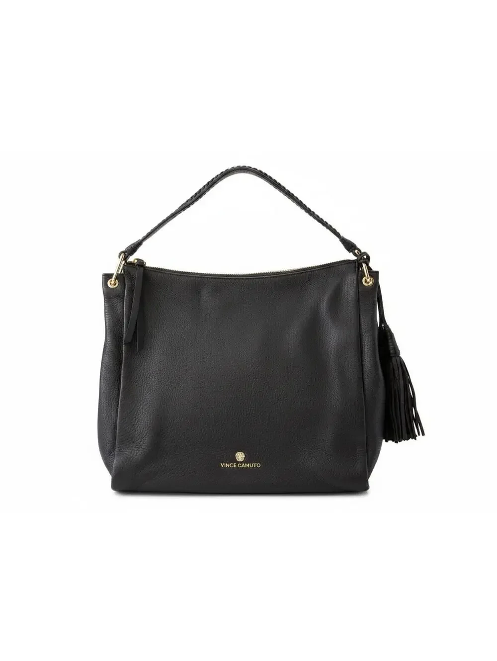 Vince Camuto Black Leather Hobo Shoulder Bag Tassel Gold Hardware